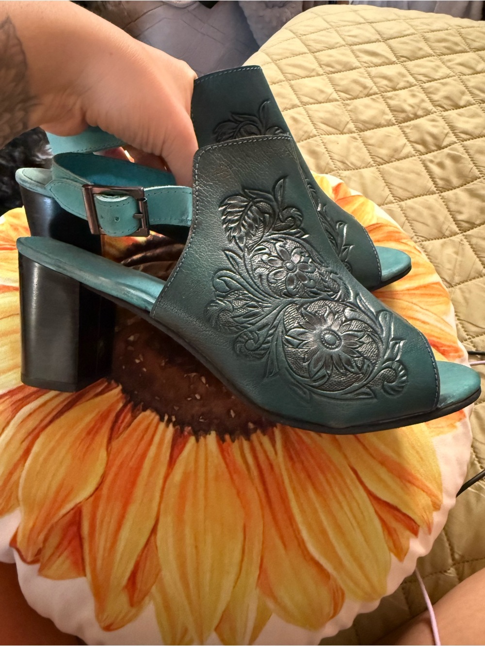Roper Teal Embossed Leather Slingback Block Heels - Women